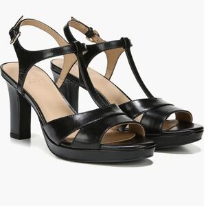 Naturalizer, NWOT, Finn Black Leather, T-Strap, Platform Heeled Sandals, Sz 8.5